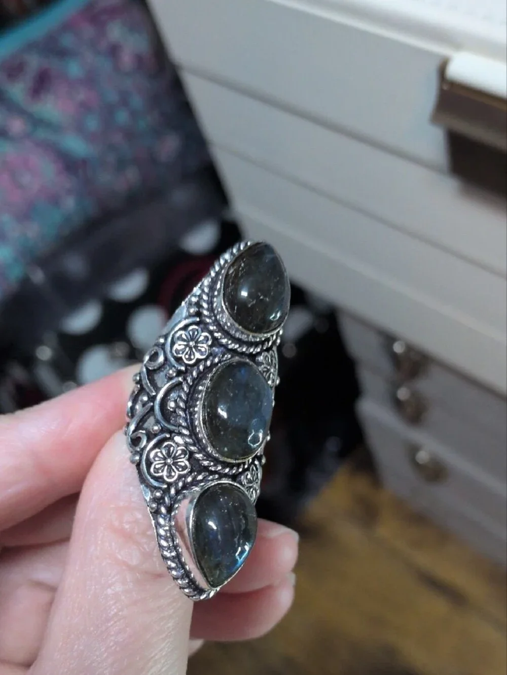 Sterling Silver Labradorite Triple Stone Statement Ring - Blue